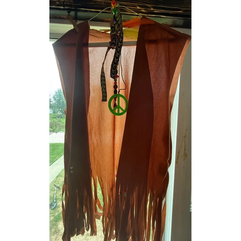 Boho Terracotta Fringe Shawl Wrap with Peace Sign Accessory Set Festival Costume